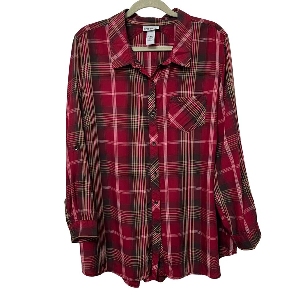 Catherines Women’s Button Up Top Plus Size‎ 1X(18-20W)Plaid Red/Black/Tan